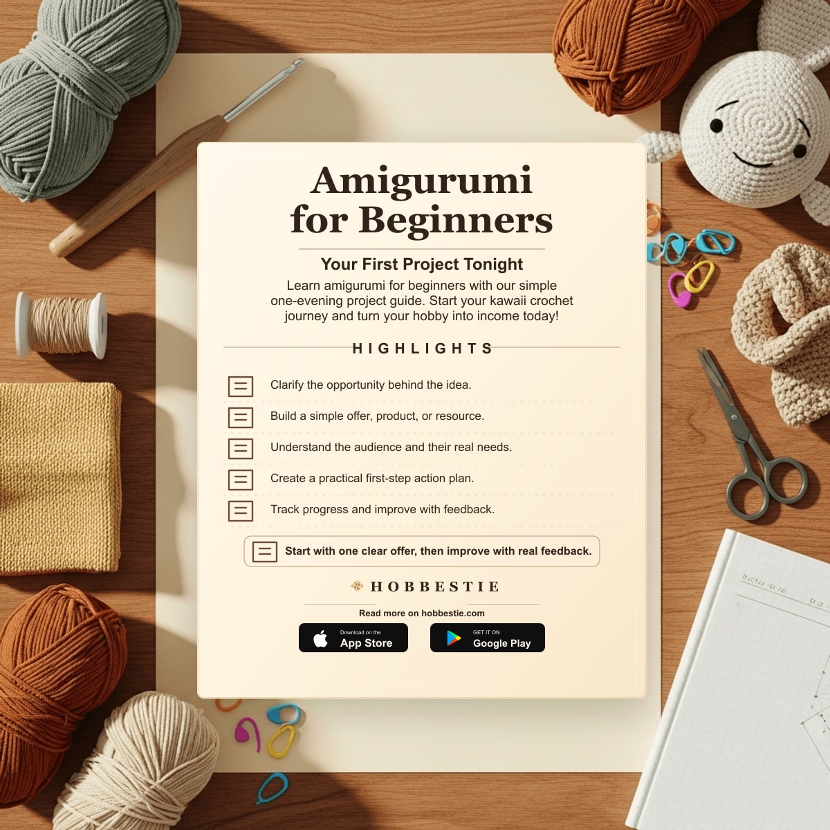 Hobbestie paper editorial summary graphic for Amigurumi for Beginners: Your First Project Tonight