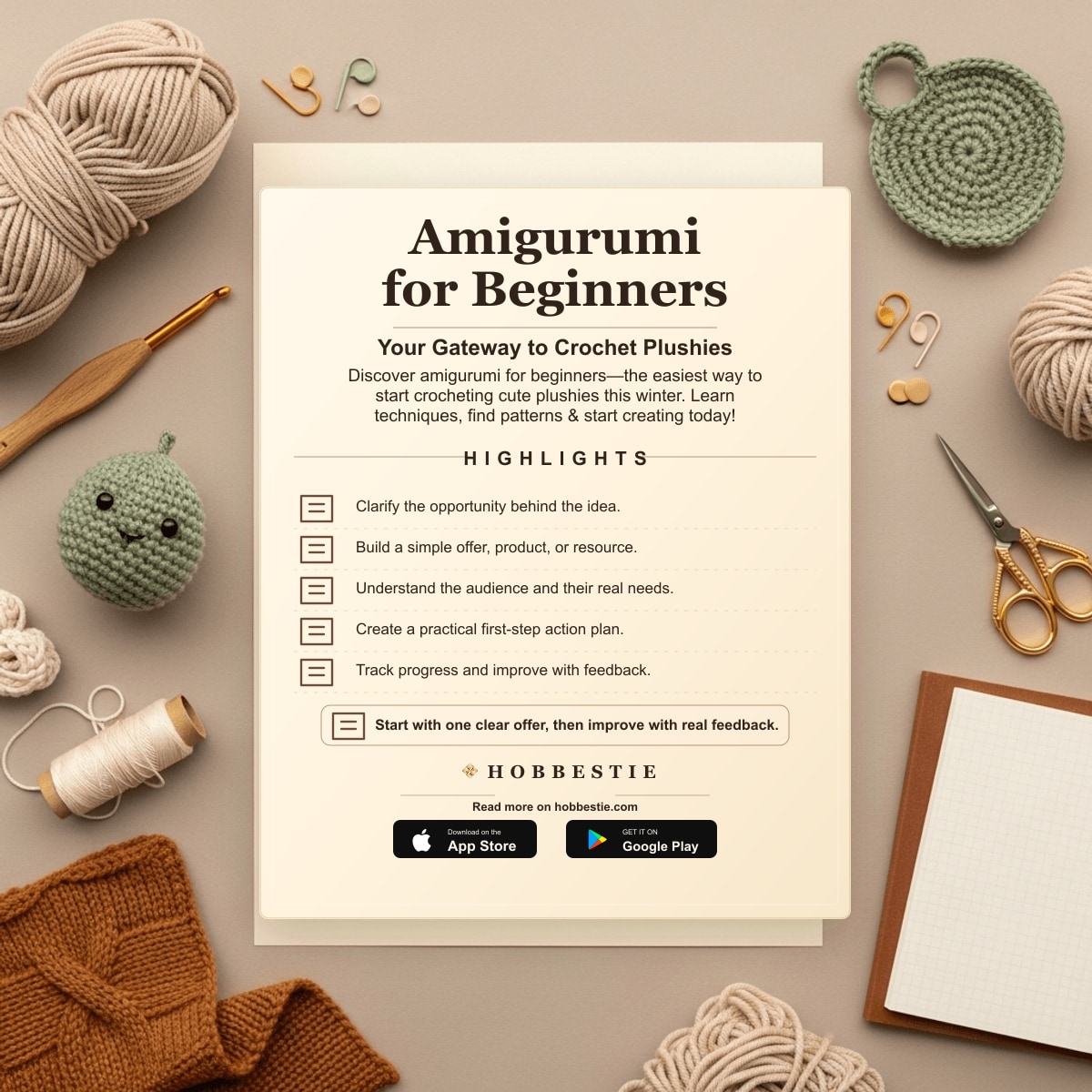 Hobbestie paper editorial summary graphic for Amigurumi for Beginners: Your Gateway to Crochet Plushies