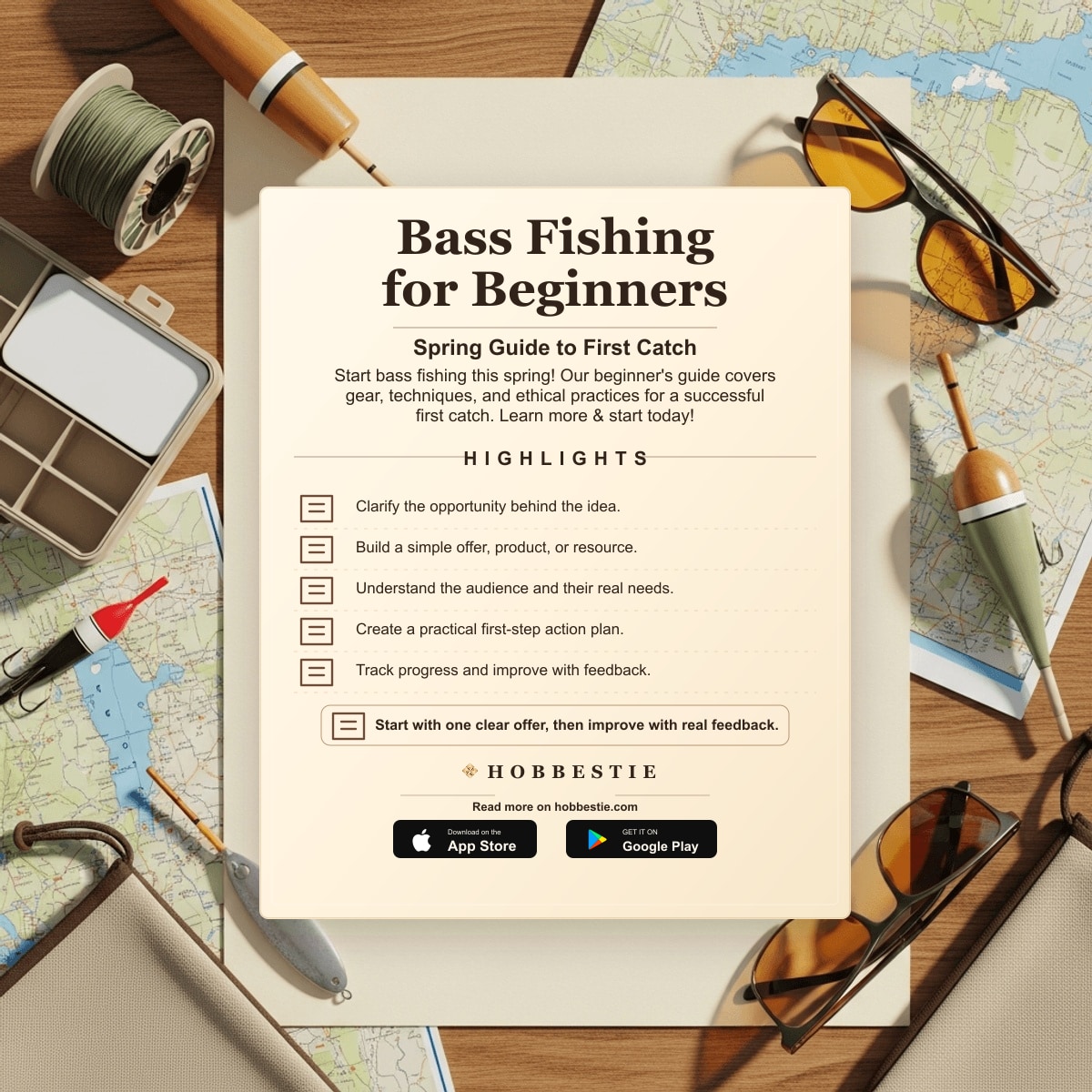 Hobbestie paper editorial summary graphic for Bass Fishing for Beginners: Spring Guide to First Catch