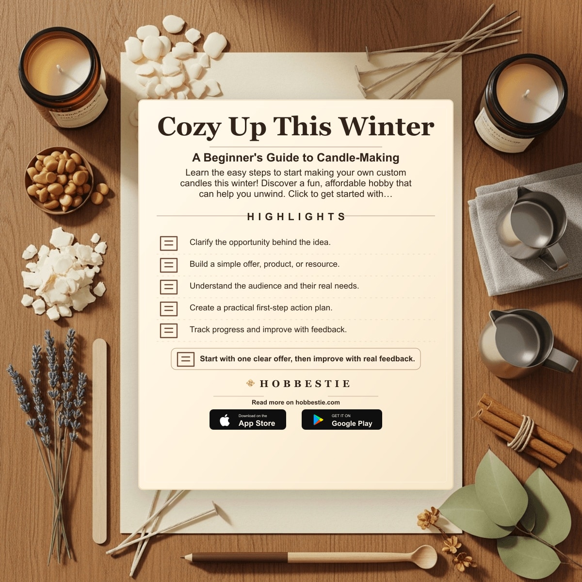 Hobbestie paper editorial summary graphic for Cozy Up This Winter: A Beginner's Guide to Candle-Making