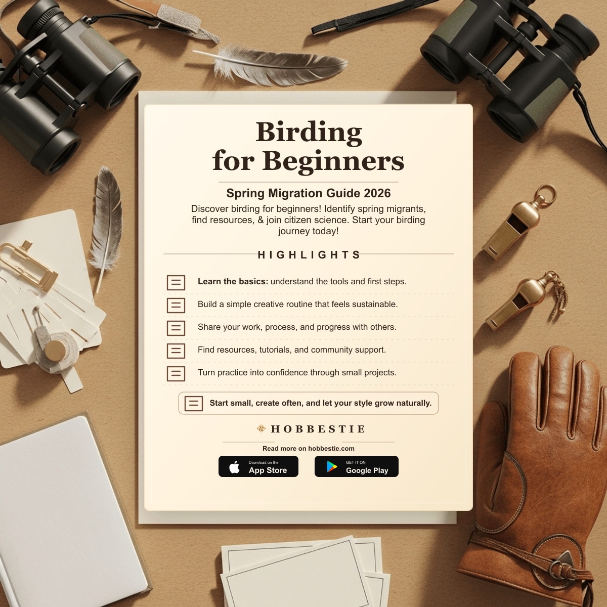 Hobbestie paper editorial summary graphic for Birding for Beginners: Spring Migration Guide 2026