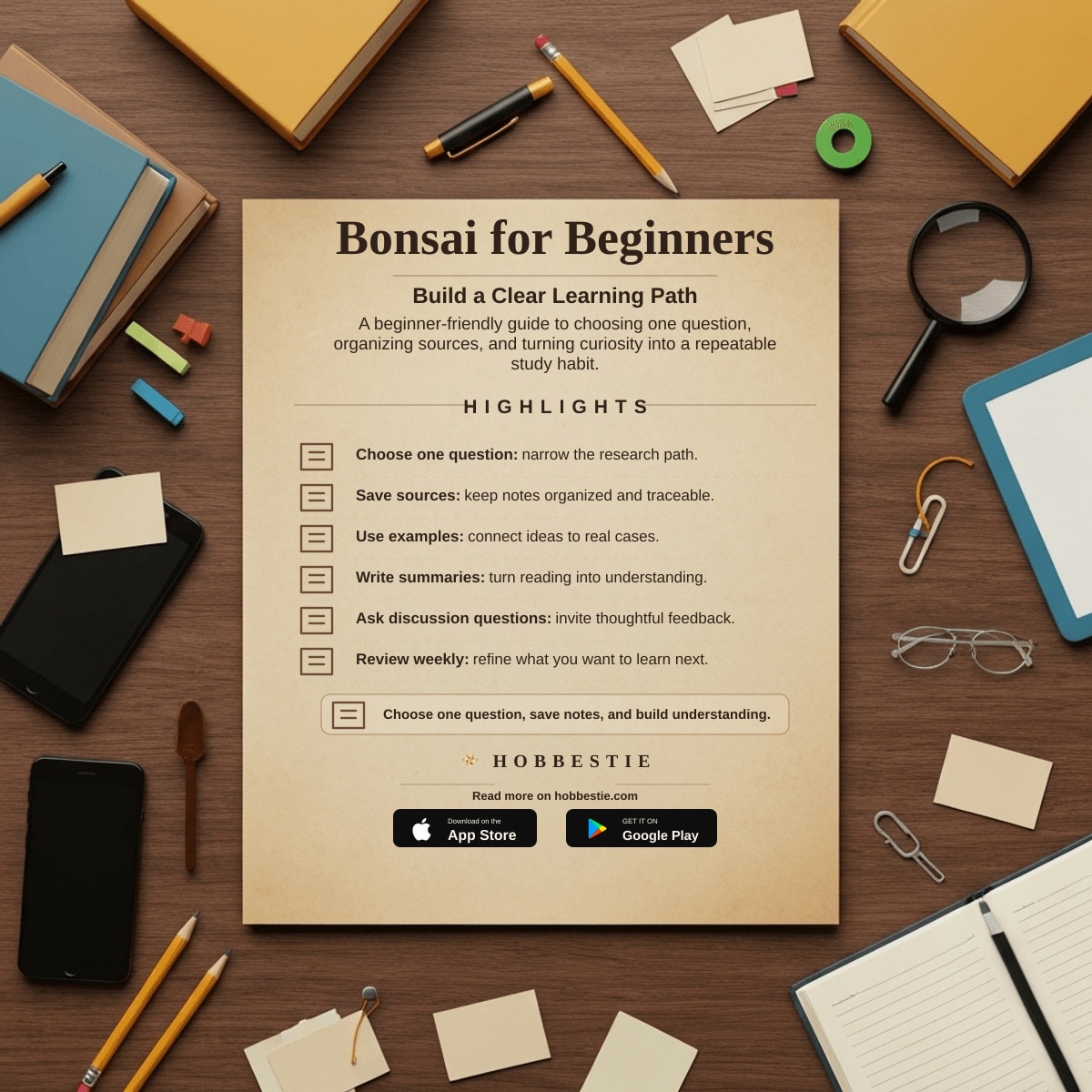 Hobbestie paper editorial summary graphic for Bonsai for Beginners: Your Digital Journey to Miniature...