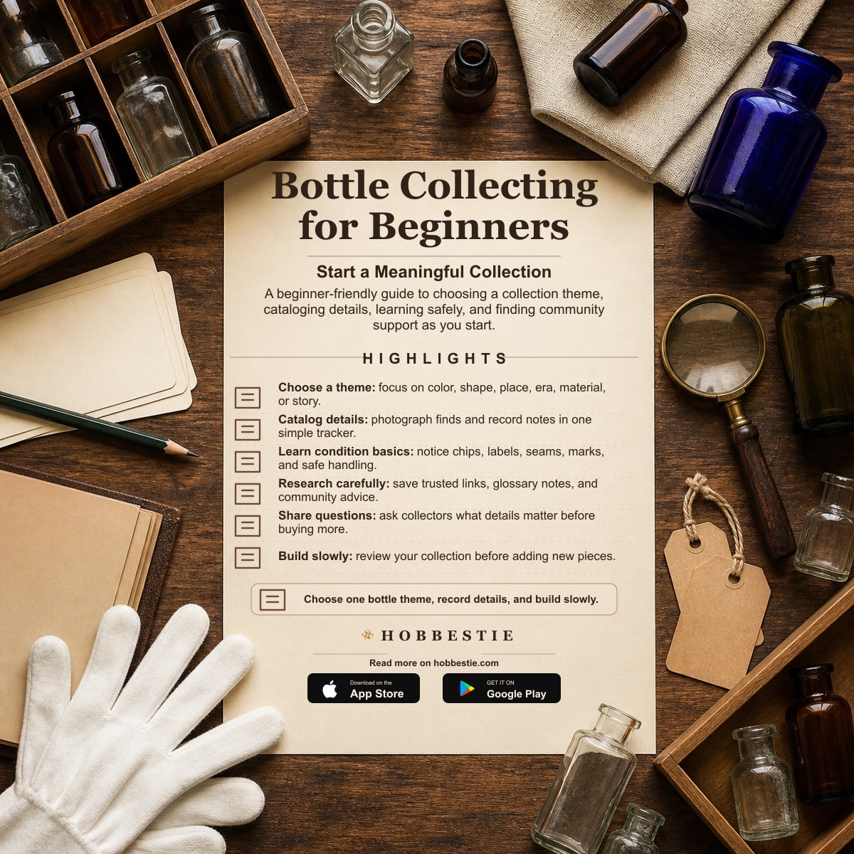 Hobbestie paper editorial summary graphic for Bottle Collecting for Beginners: Start a Meaningful Collection
