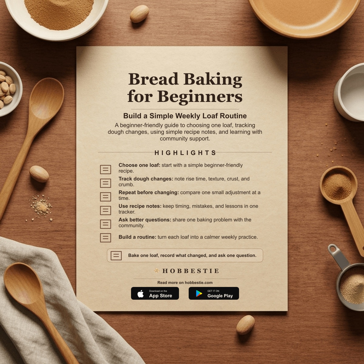 Hobbestie paper editorial summary graphic for Bread Baking for Beginners: Build a Simple Weekly Loaf Routine