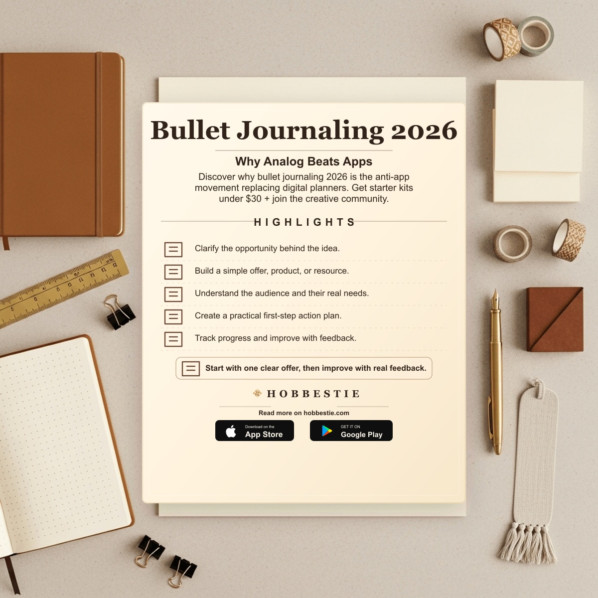 Hobbestie paper editorial summary graphic for Bullet Journaling 2026: Why Analog Beats Apps