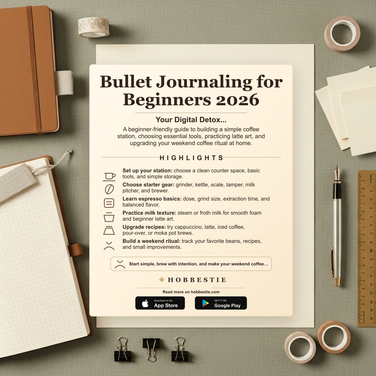 Hobbestie paper editorial summary graphic for Bullet Journaling for Beginners 2026: Your Digital Detox...