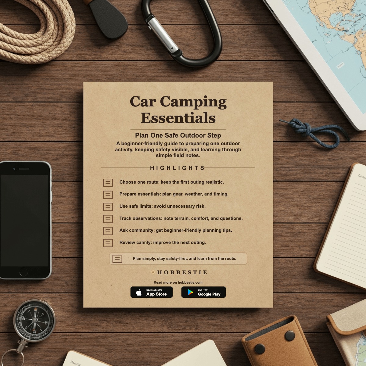 Hobbestie paper editorial summary graphic for Car Camping Essentials: Your Ultimate Summer Road Trip Guide