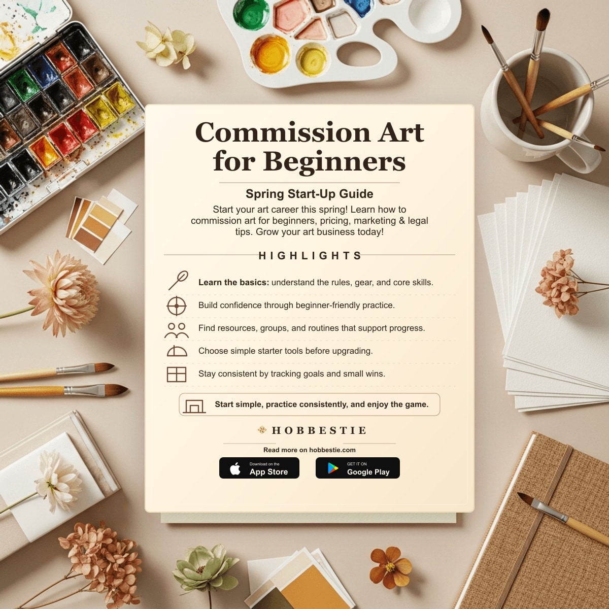 Hobbestie paper editorial summary graphic for Commission Art for Beginners: Spring Start-Up Guide