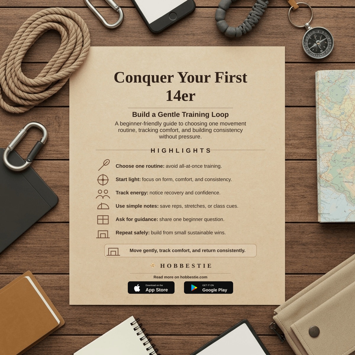 Hobbestie paper editorial summary graphic for Conquer Your First 14er: A Beginner's Safety & Prep Guide