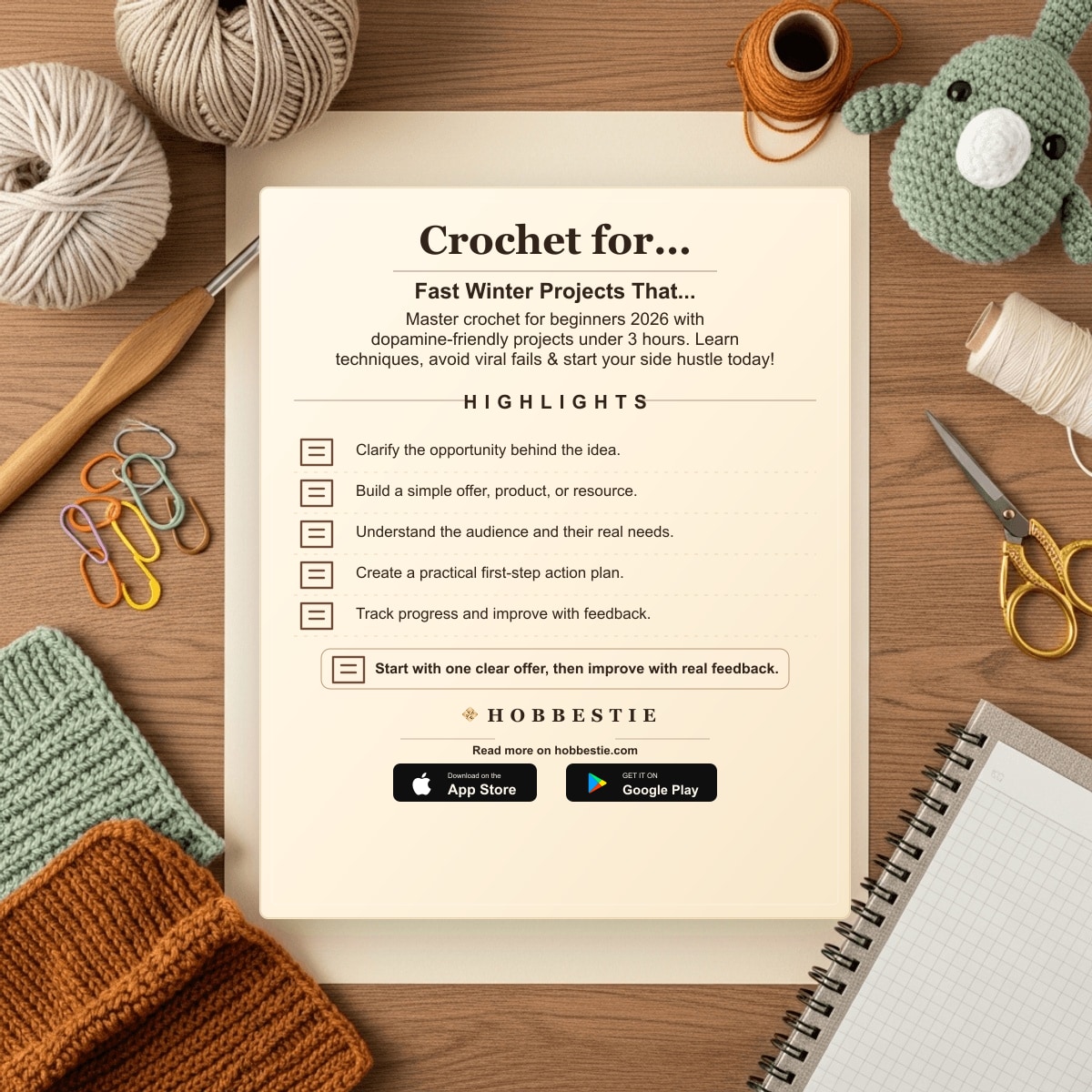 Hobbestie paper editorial summary graphic for Crochet for Beginners 2026: Fast Winter Projects That...