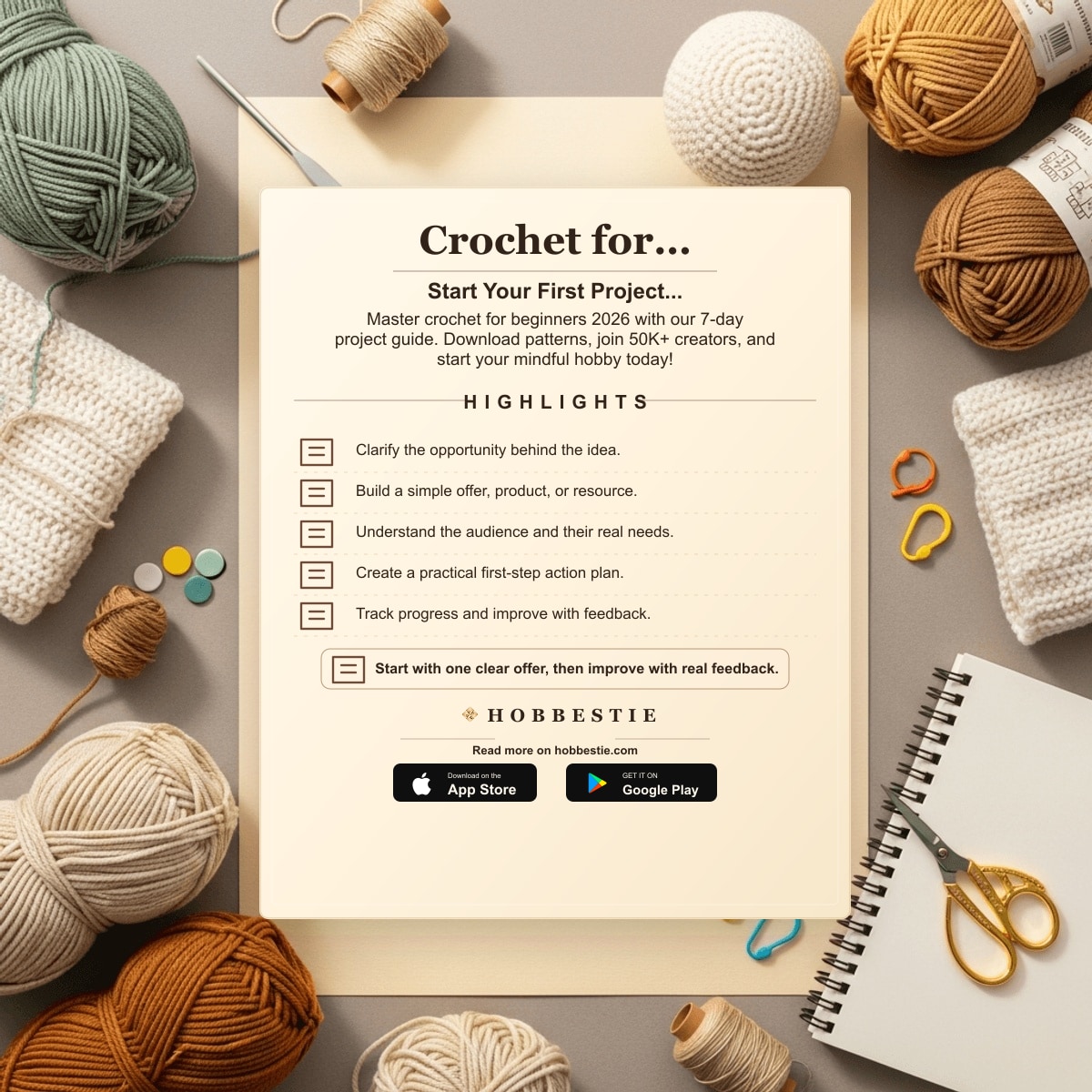 Hobbestie paper editorial summary graphic for Crochet for Beginners 2026: Start Your First Project...
