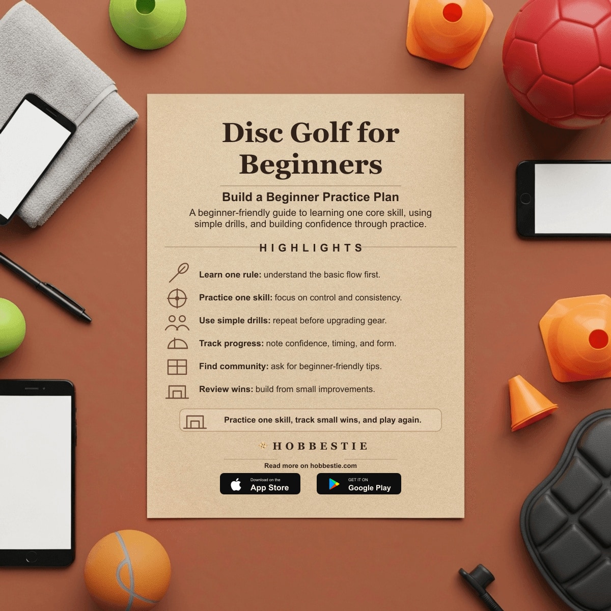 Hobbestie paper editorial summary graphic for Disc Golf for Beginners: Your Fun & Free Summer Guide