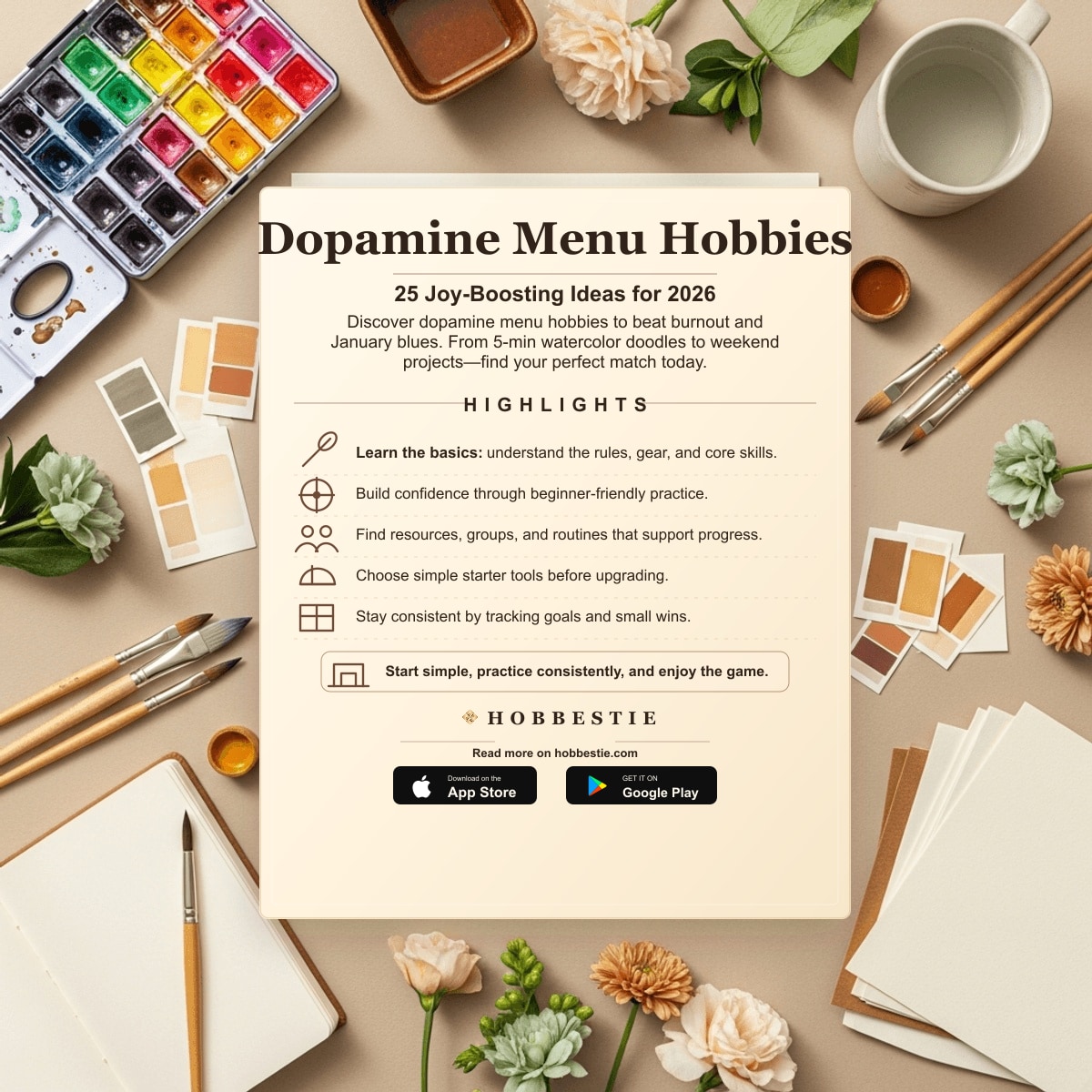 Hobbestie paper editorial summary graphic for Dopamine Menu Hobbies: 25 Joy-Boosting Ideas for 2026