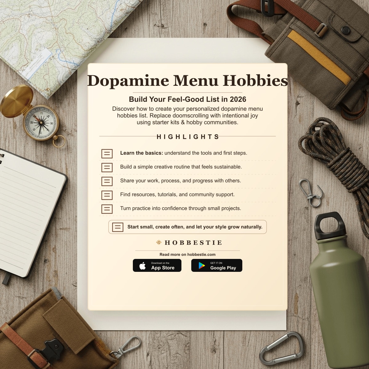 Hobbestie paper editorial summary graphic for Dopamine Menu Hobbies: Build Your Feel-Good List in 2026