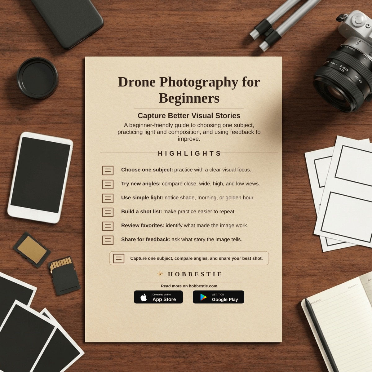 Hobbestie paper editorial summary graphic for Drone Photography for Beginners: Your Ultimate Aerial Guide