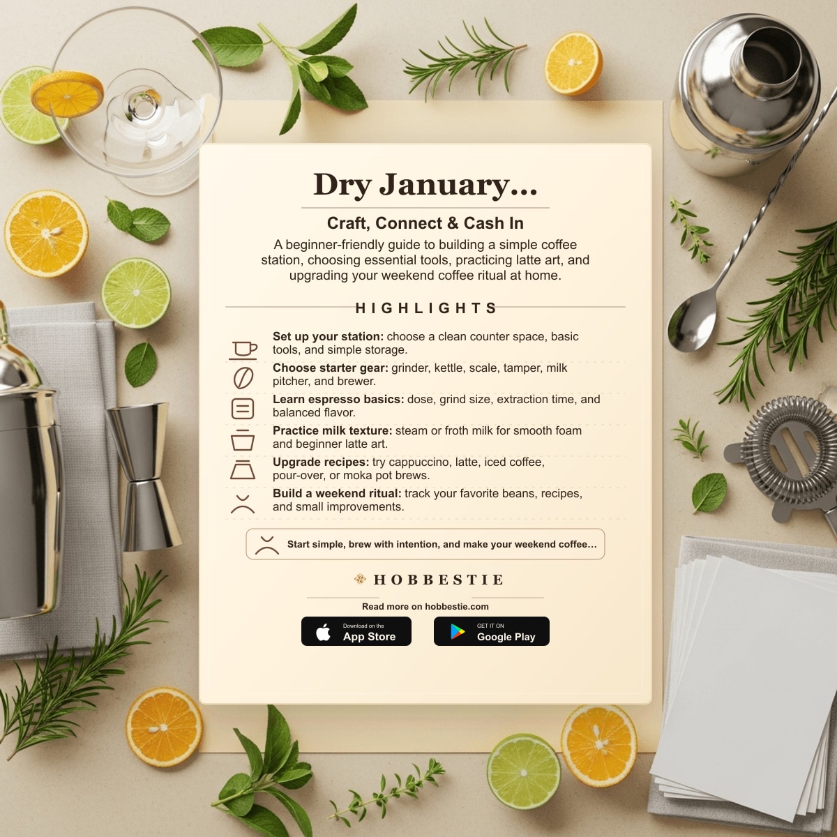 Hobbestie paper editorial summary graphic for Dry January Mocktail Hobby: Craft, Connect & Cash In