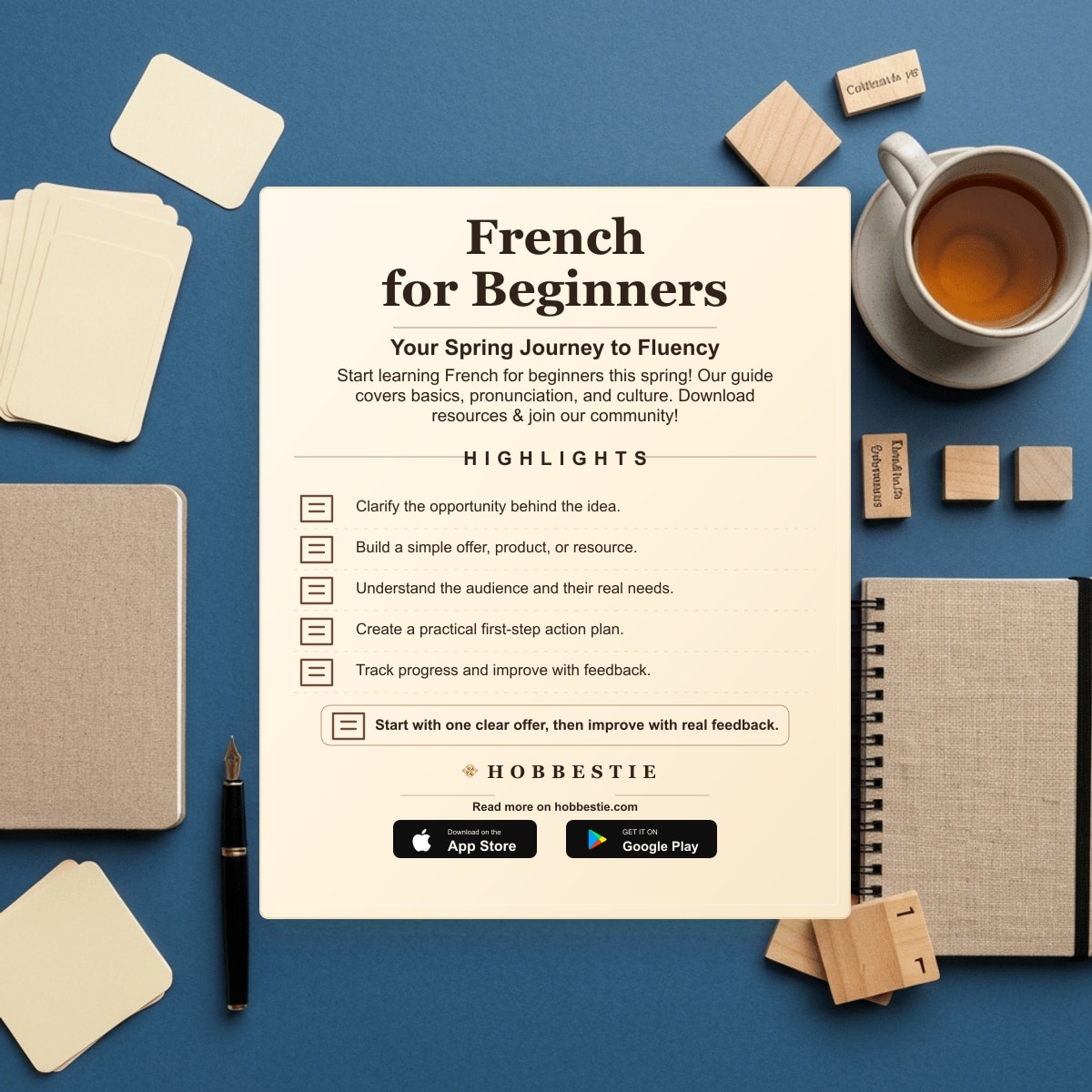Hobbestie paper editorial summary graphic for French for Beginners: Your Spring Journey to Fluency
