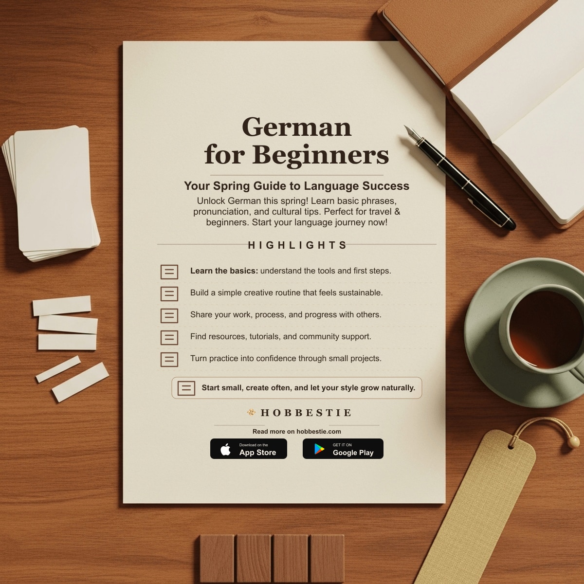 Hobbestie paper editorial summary graphic for German for Beginners: Your Spring Guide to Language Success
