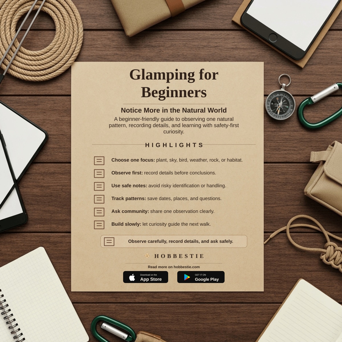 Hobbestie paper editorial summary graphic for Glamping for Beginners: Your Ultimate Guide to Luxurious...