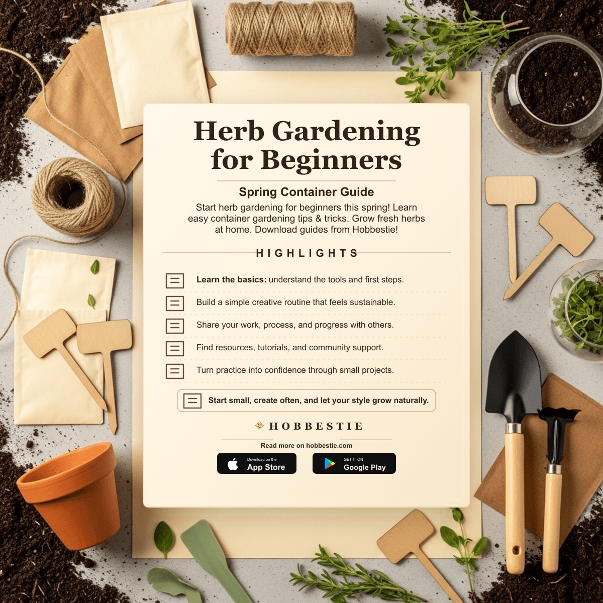 Hobbestie paper editorial summary graphic for Herb Gardening for Beginners: Spring Container Guide
