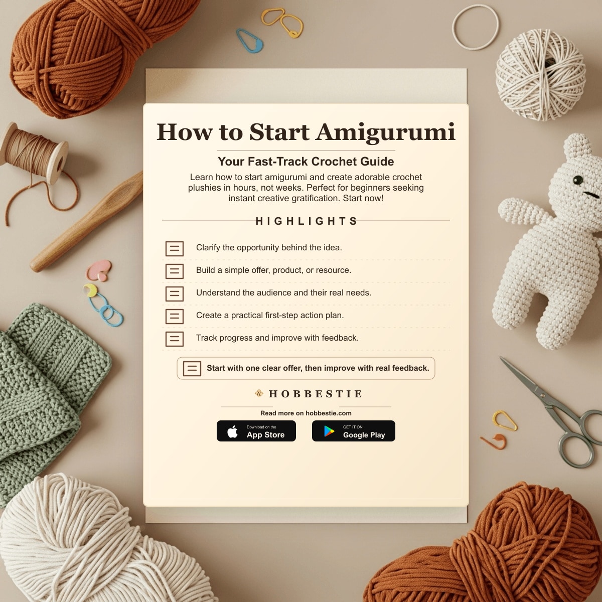 Hobbestie paper editorial summary graphic for How to Start Amigurumi: Your Fast-Track Crochet Guide