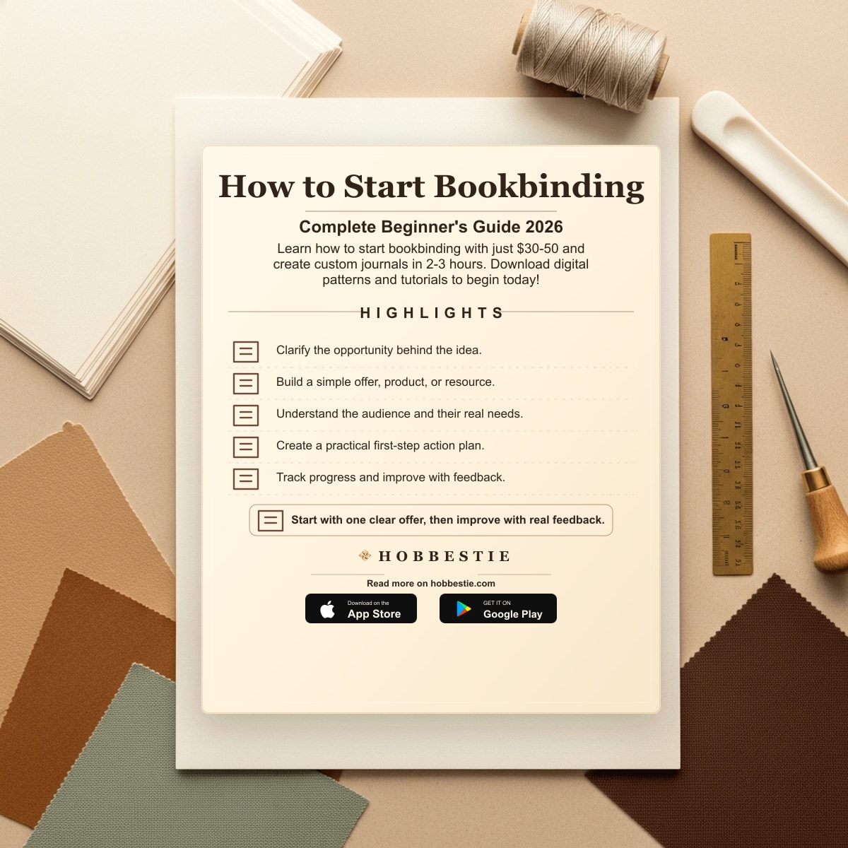 Hobbestie paper editorial summary graphic for How to Start Bookbinding: Complete Beginner's Guide 2026