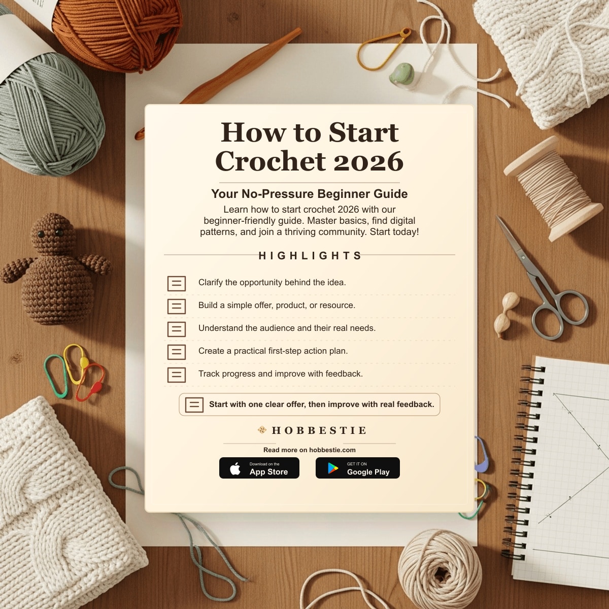 Hobbestie paper editorial summary graphic for How to Start Crochet 2026: Your No-Pressure Beginner Guide