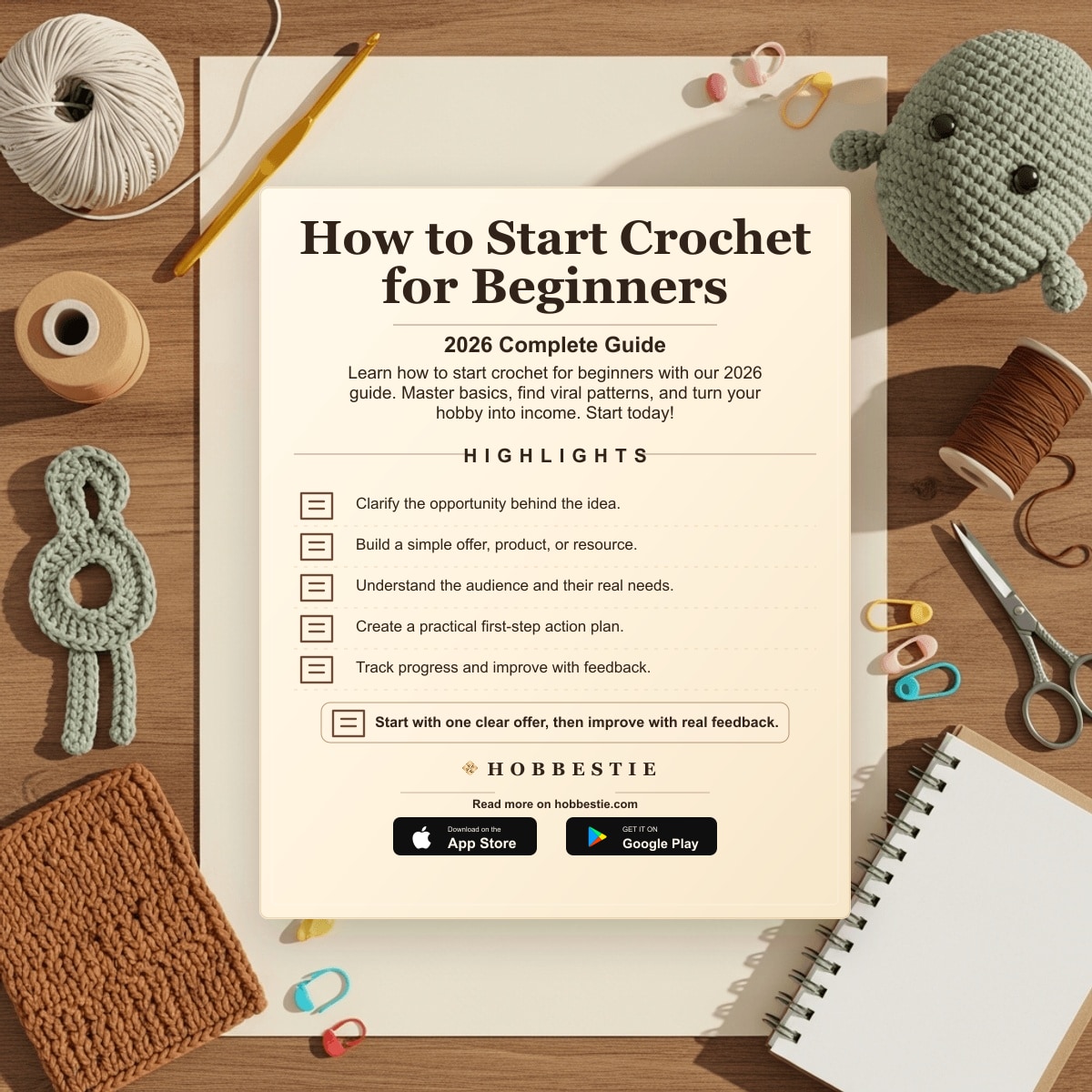 Hobbestie paper editorial summary graphic for How to Start Crochet for Beginners: 2026 Complete Guide