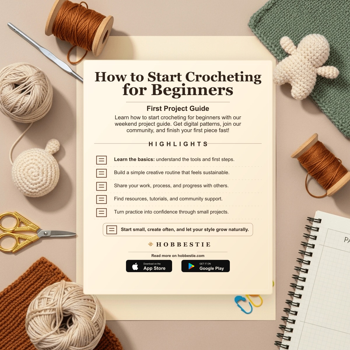 Hobbestie paper editorial summary graphic for How to Start Crocheting for Beginners: First Project Guide