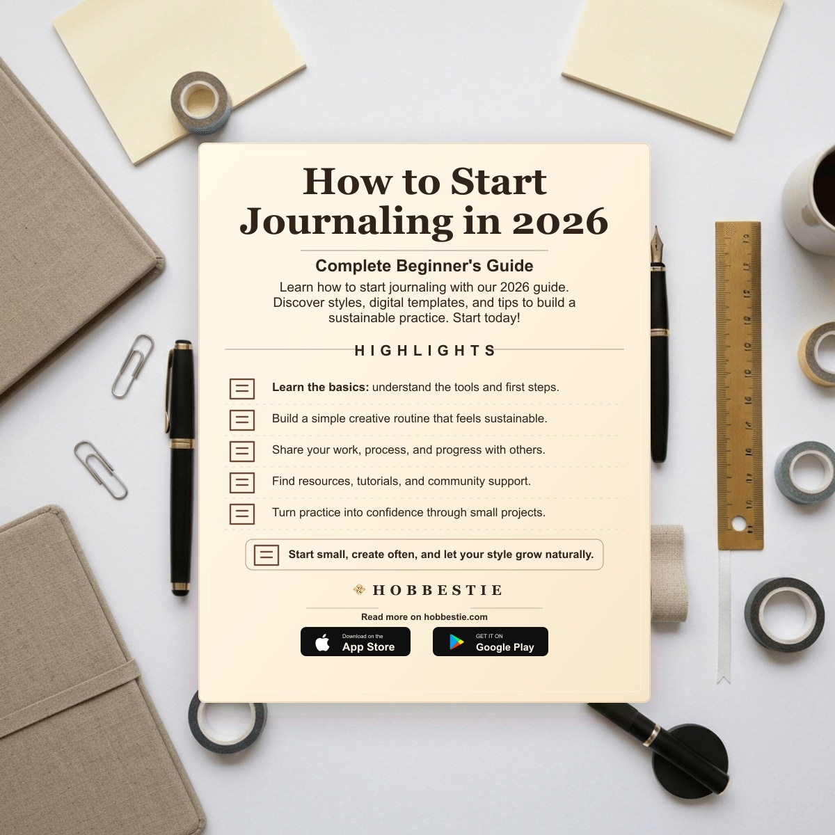 Hobbestie paper editorial summary graphic for How to Start Journaling in 2026: Complete Beginner's Guide