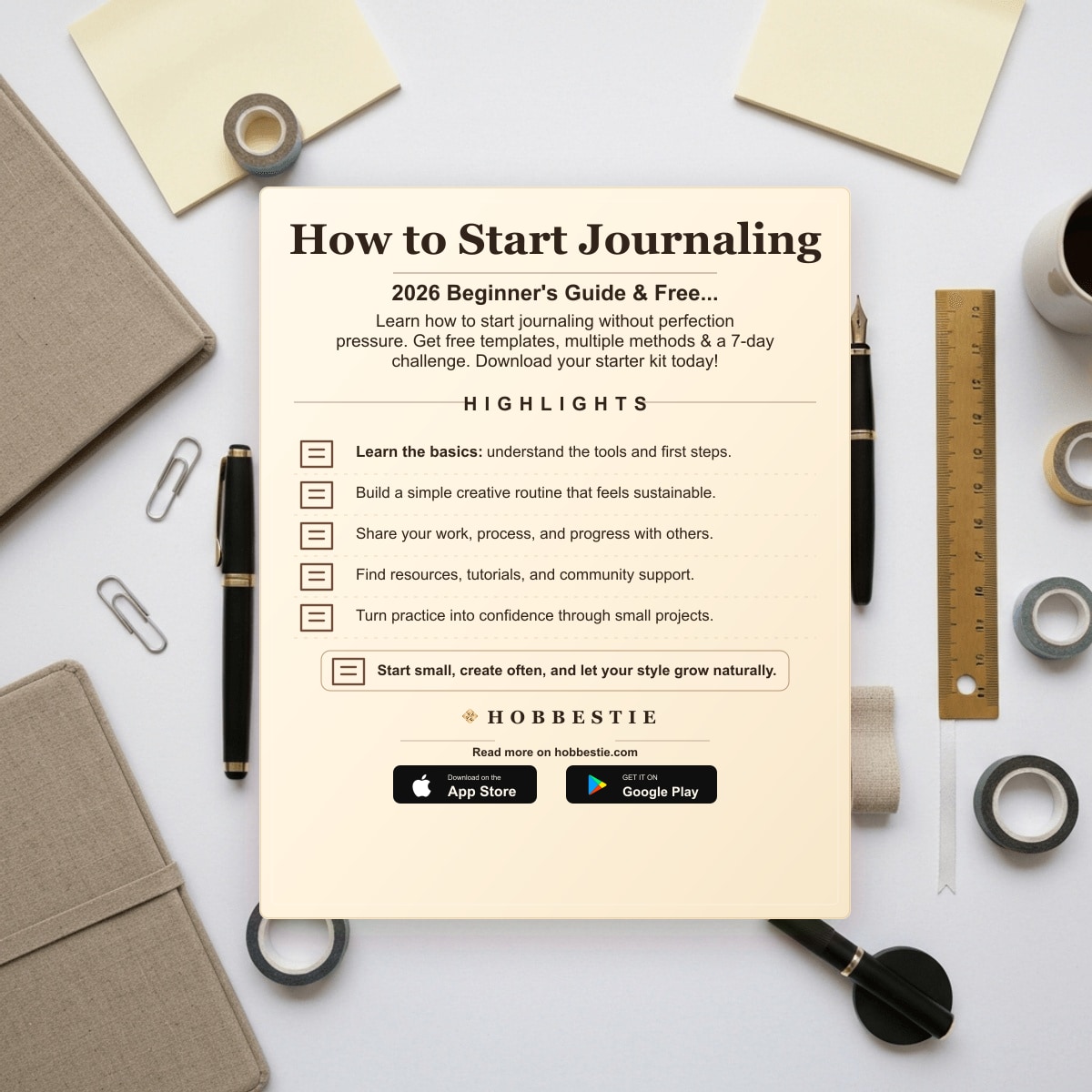 Hobbestie paper editorial summary graphic for How to Start Journaling: 2026 Beginner's Guide & Free...