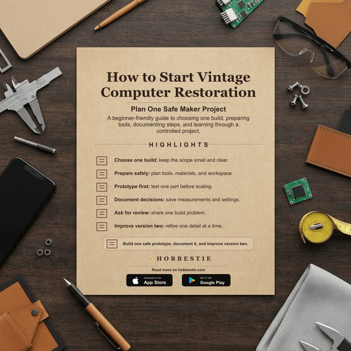 Hobbestie paper editorial summary graphic for How to Start Vintage Computer Restoration: Beginner Guide