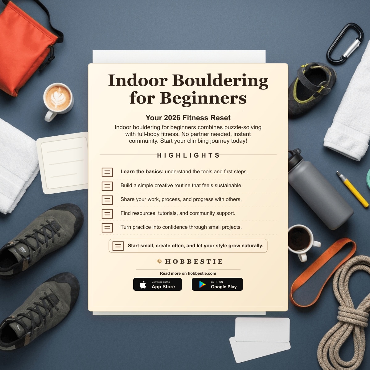 Hobbestie paper editorial summary graphic for Indoor Bouldering for Beginners: Your 2026 Fitness Reset