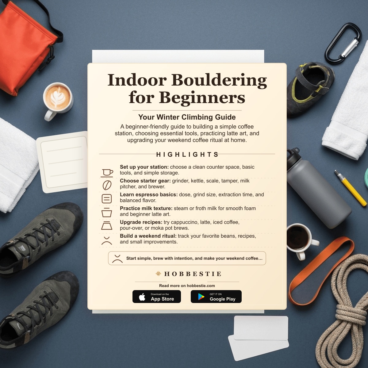 Hobbestie paper editorial summary graphic for Indoor Bouldering for Beginners: Your Winter Climbing Guide