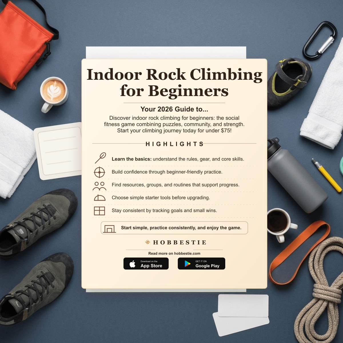 Hobbestie paper editorial summary graphic for Indoor Rock Climbing for Beginners: Your 2026 Guide to...