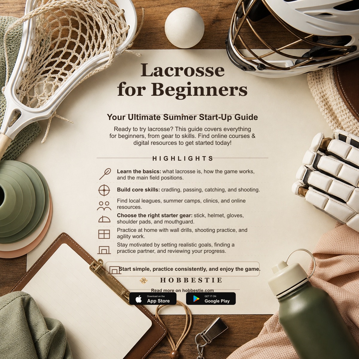 Hobbestie paper editorial summary graphic for Lacrosse for Beginners: Your Ultimate Summer Start-Up Guide