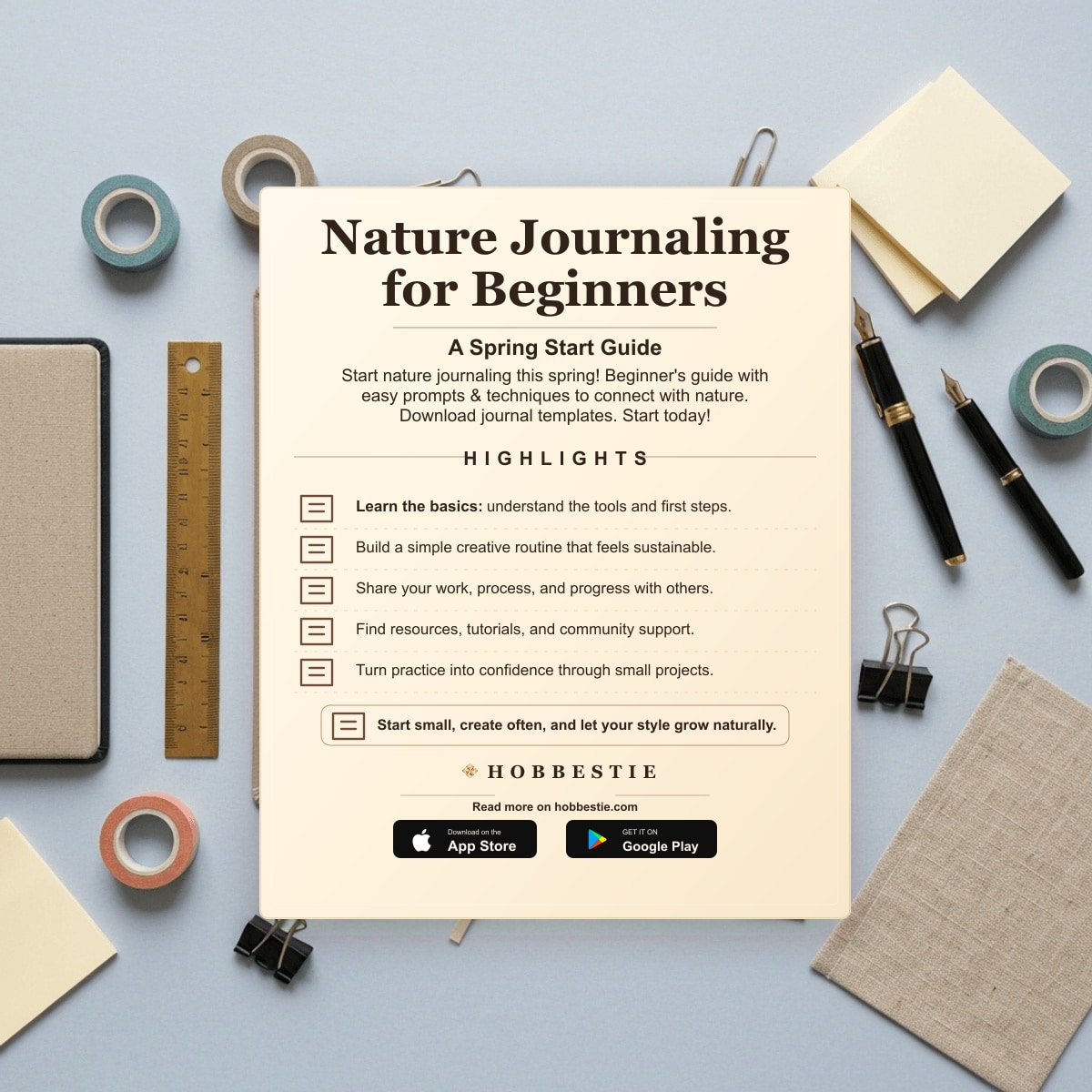 Hobbestie paper editorial summary graphic for Nature Journaling for Beginners: A Spring Start Guide