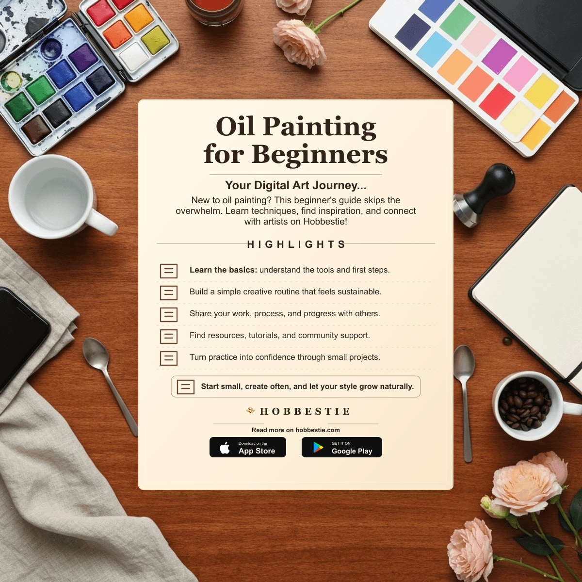 Hobbestie paper editorial summary graphic for Oil Painting for Beginners: Your Digital Art Journey...