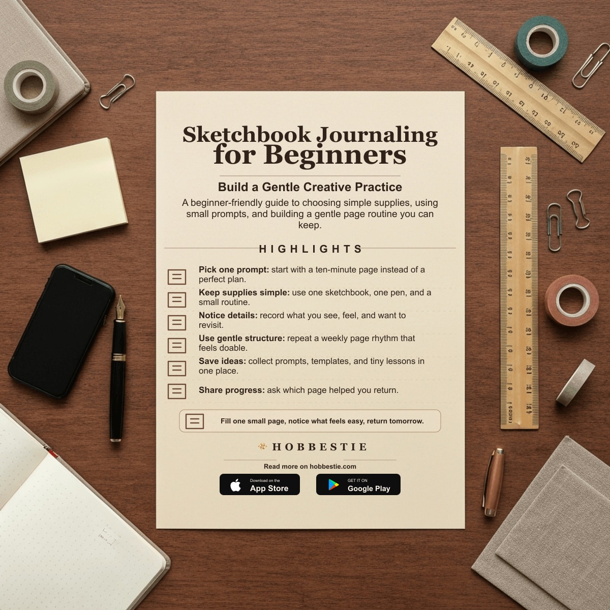 Hobbestie paper editorial summary graphic for Sketchbook Journaling for Beginners: Build a Gentle Creative Practice