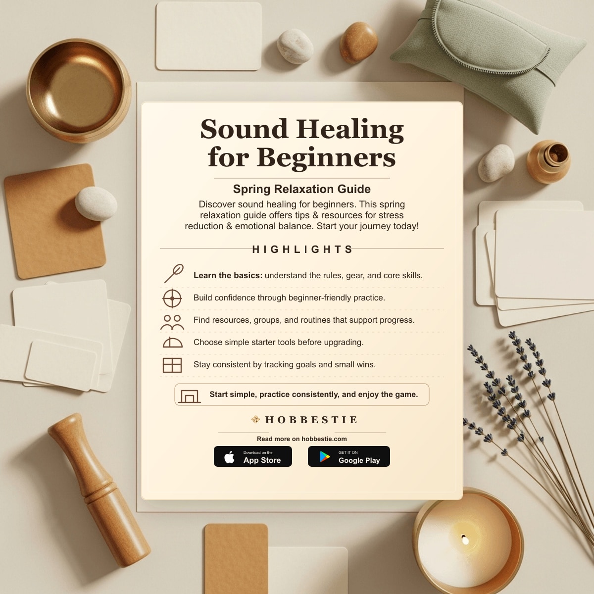 Hobbestie paper editorial summary graphic for Sound Healing for Beginners: Spring Relaxation Guide