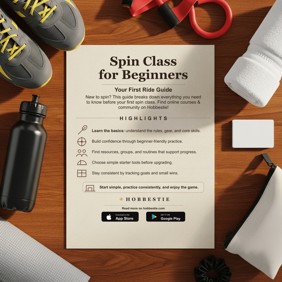 Hobbestie paper editorial summary graphic for Spin Class for Beginners: Your First Ride Guide