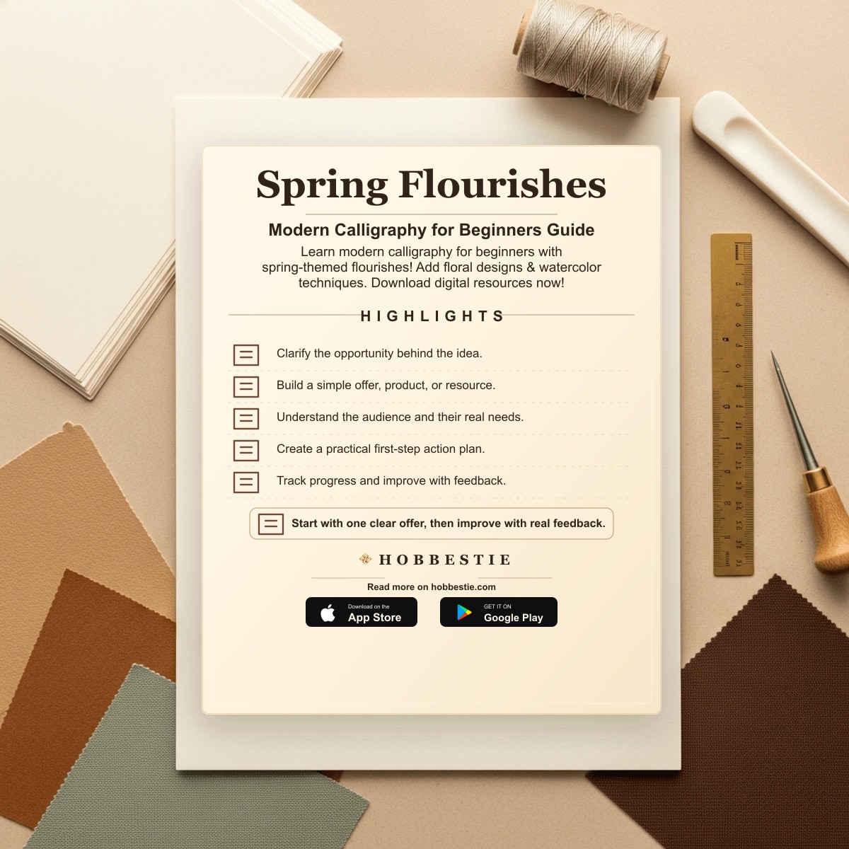 Hobbestie paper editorial summary graphic for Spring Flourishes: Modern Calligraphy for Beginners Guide