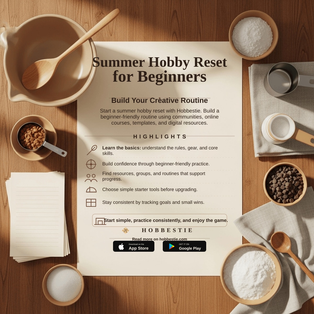 Hobbestie paper editorial summary graphic for Summer Hobby Reset for Beginners: Build Your Creative Routine