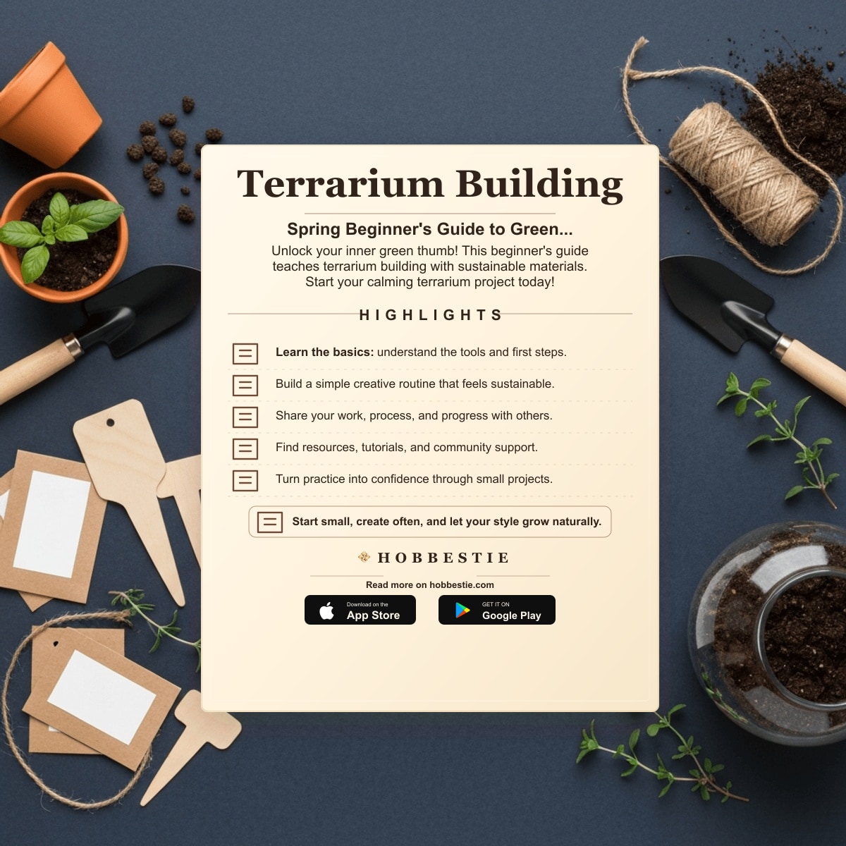 Hobbestie paper editorial summary graphic for Terrarium Building: Spring Beginner's Guide to Green...