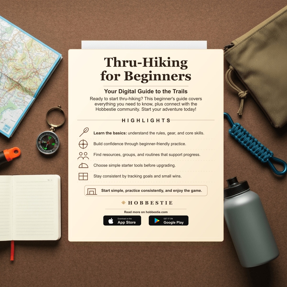 Hobbestie paper editorial summary graphic for Thru-Hiking for Beginners: Your Digital Guide to the Trails