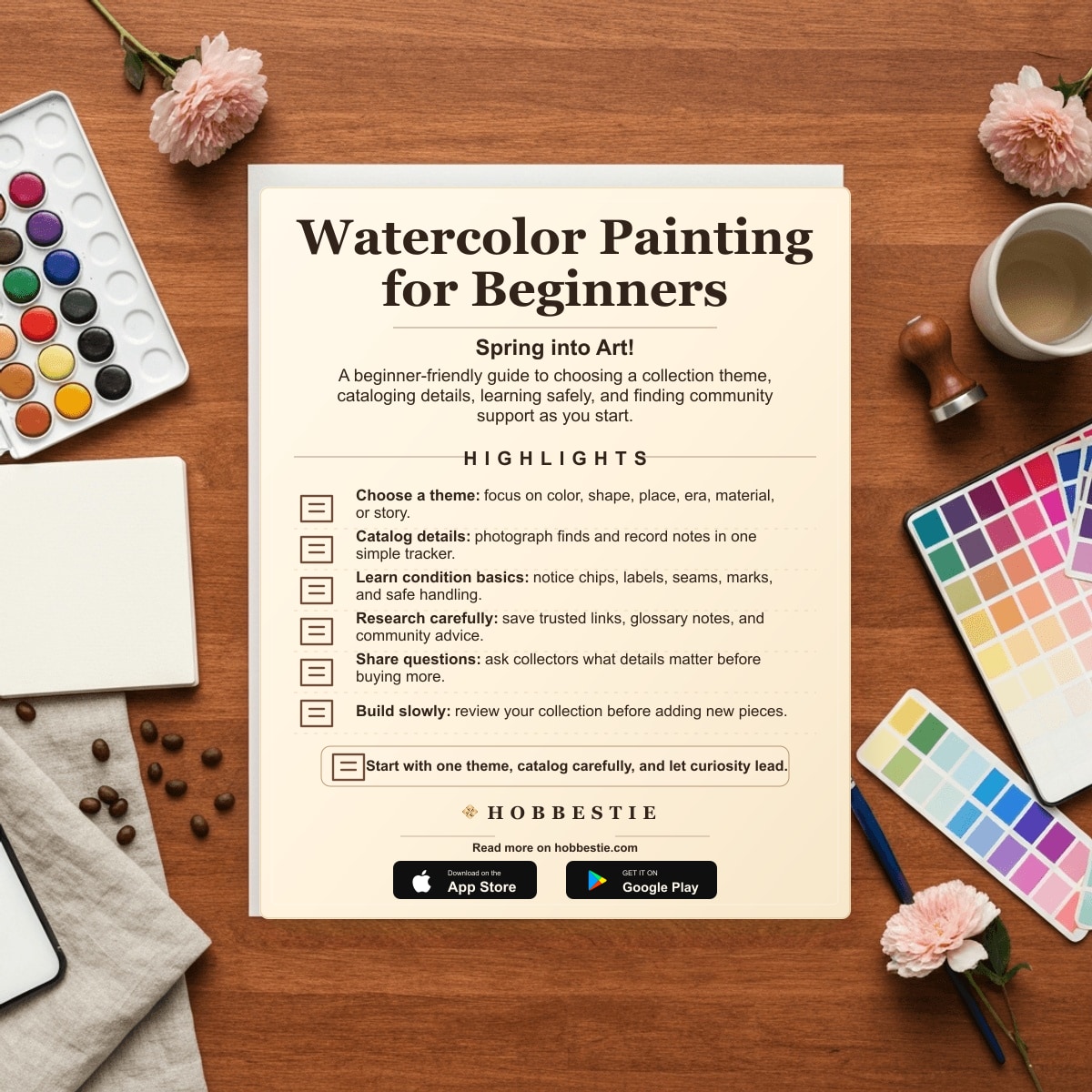 Hobbestie paper editorial summary graphic for Watercolor Painting for Beginners: Spring into Art!