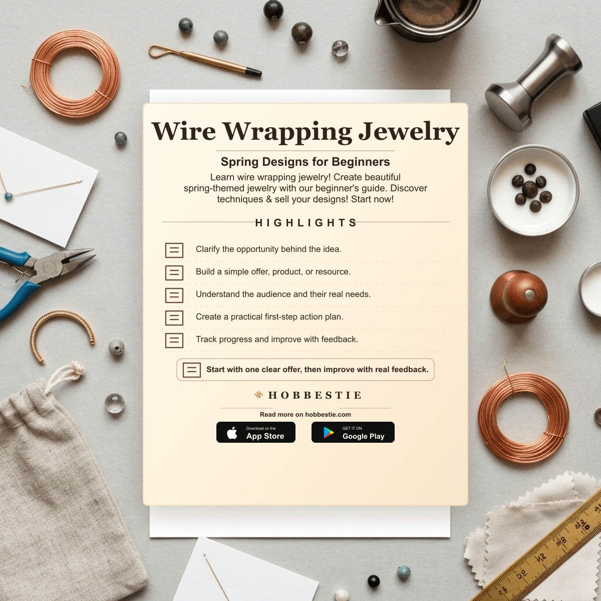 Hobbestie paper editorial summary graphic for Wire Wrapping Jewelry: Spring Designs for Beginners